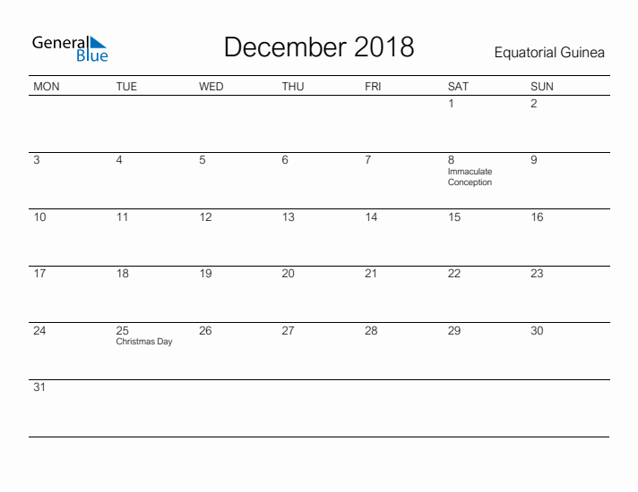 Printable December 2018 Calendar for Equatorial Guinea