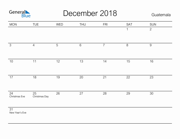 Printable December 2018 Calendar for Guatemala