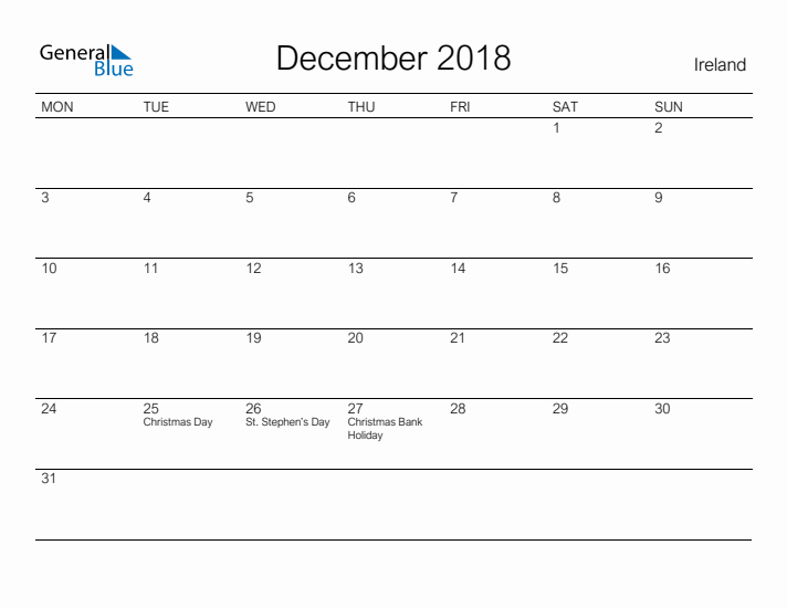 Printable December 2018 Calendar for Ireland