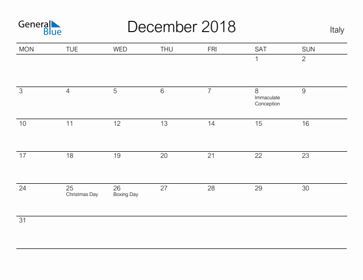 Printable December 2018 Calendar for Italy