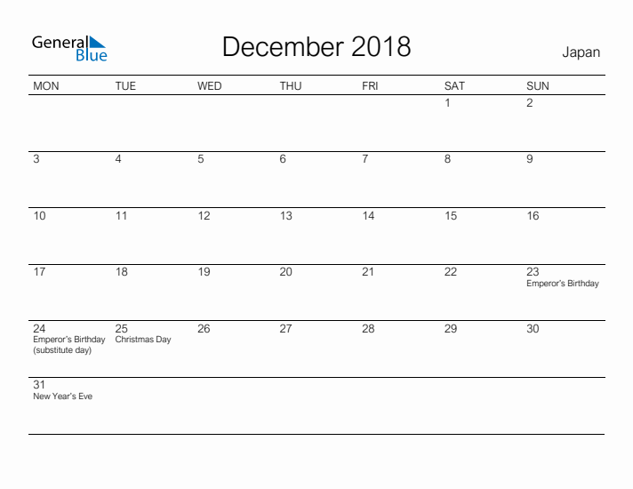 Printable December 2018 Calendar for Japan