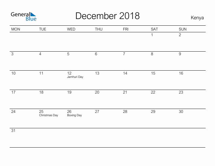 Printable December 2018 Calendar for Kenya