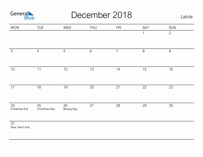 Printable December 2018 Calendar for Latvia