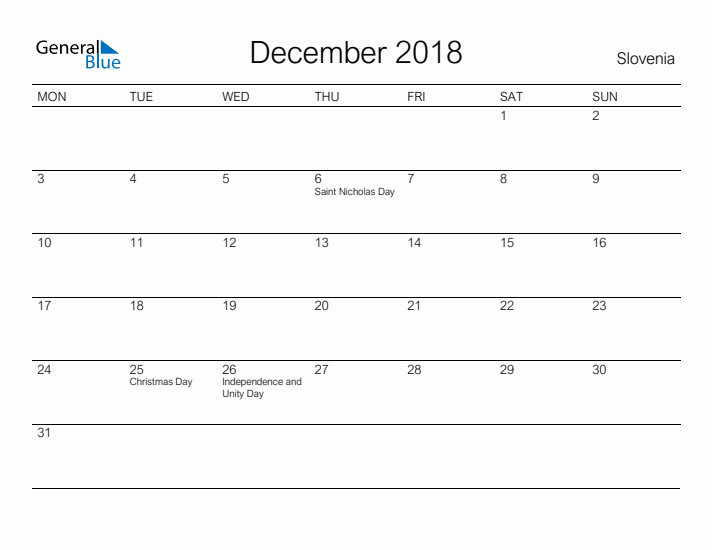 Printable December 2018 Calendar for Slovenia