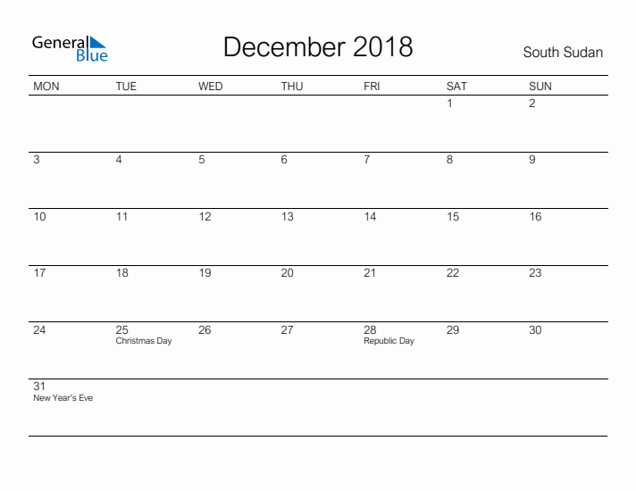 Printable December 2018 Calendar for South Sudan