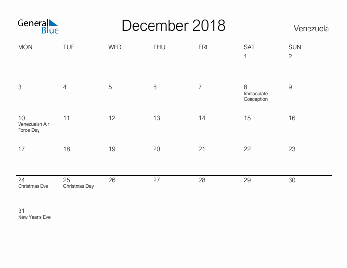 Printable December 2018 Calendar for Venezuela