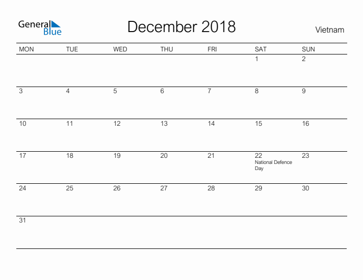 Printable December 2018 Calendar for Vietnam