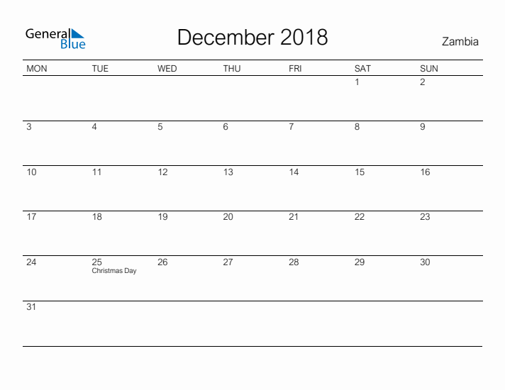 Printable December 2018 Calendar for Zambia