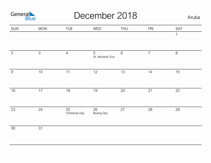 Printable December 2018 Calendar for Aruba