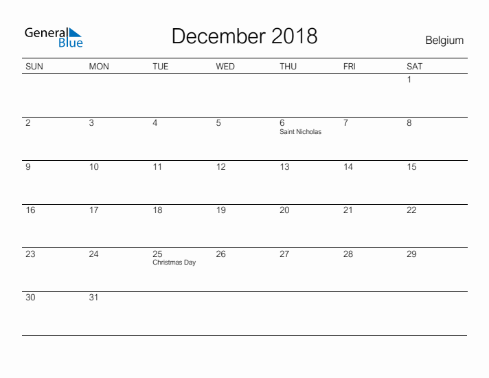 Printable December 2018 Calendar for Belgium