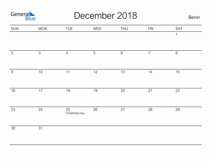 Printable December 2018 Calendar for Benin