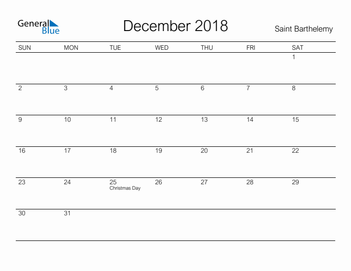 Printable December 2018 Calendar for Saint Barthelemy