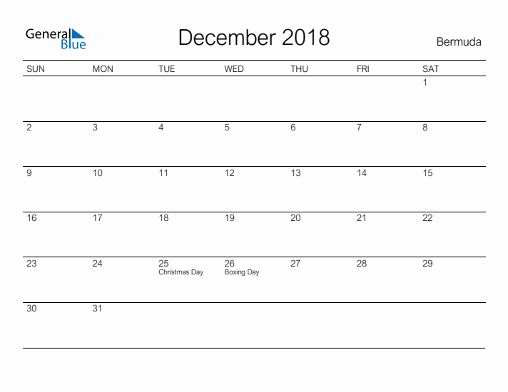 Printable December 2018 Calendar for Bermuda