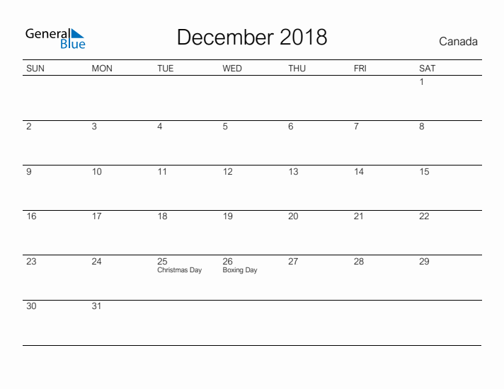 Printable December 2018 Calendar for Canada