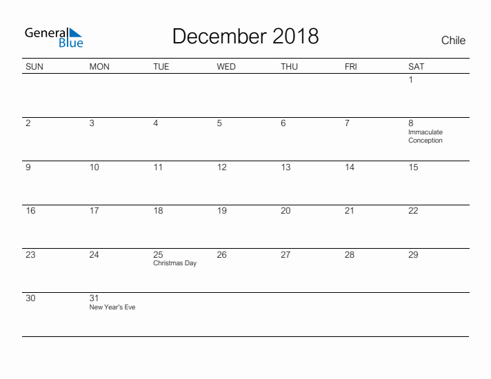 Printable December 2018 Calendar for Chile