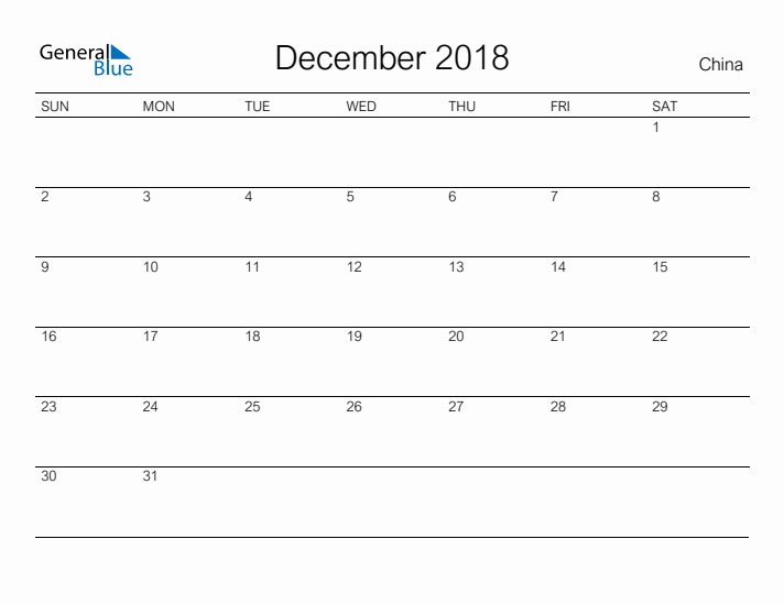 Printable December 2018 Calendar for China