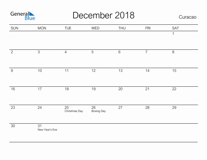 Printable December 2018 Calendar for Curacao