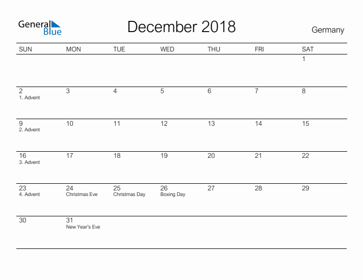 Printable December 2018 Calendar for Germany