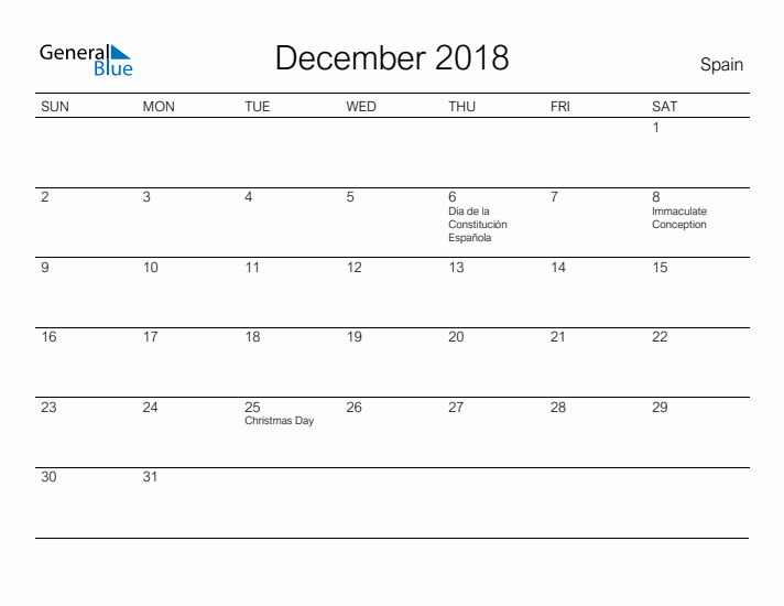 Printable December 2018 Calendar for Spain