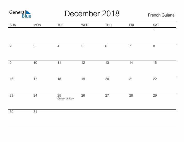 Printable December 2018 Calendar for French Guiana