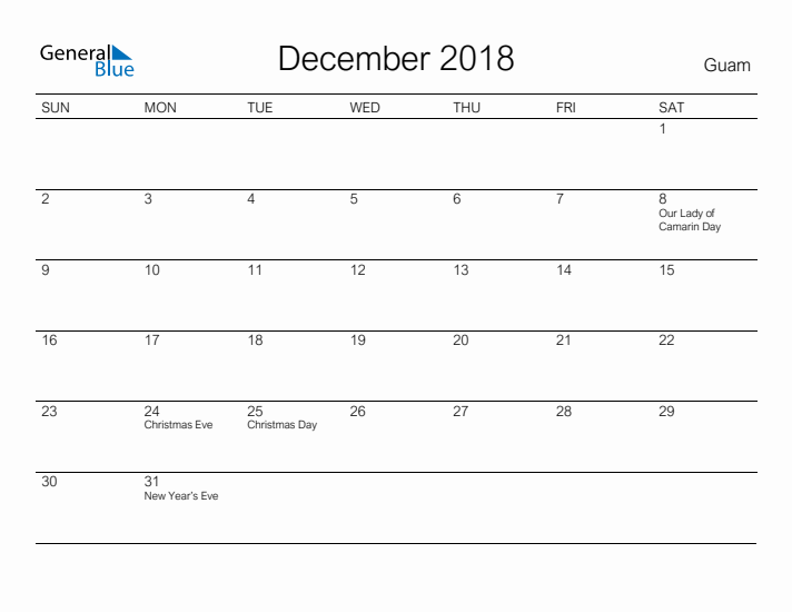 Printable December 2018 Calendar for Guam