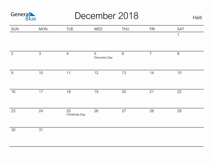 Printable December 2018 Calendar for Haiti