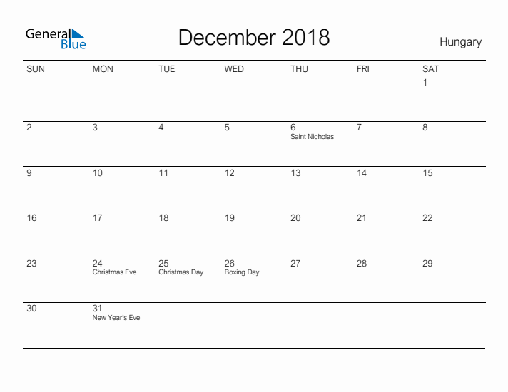 Printable December 2018 Calendar for Hungary