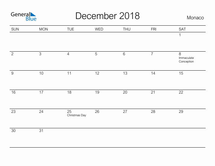 Printable December 2018 Calendar for Monaco