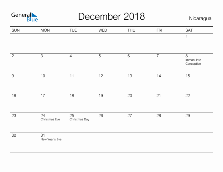 Printable December 2018 Calendar for Nicaragua