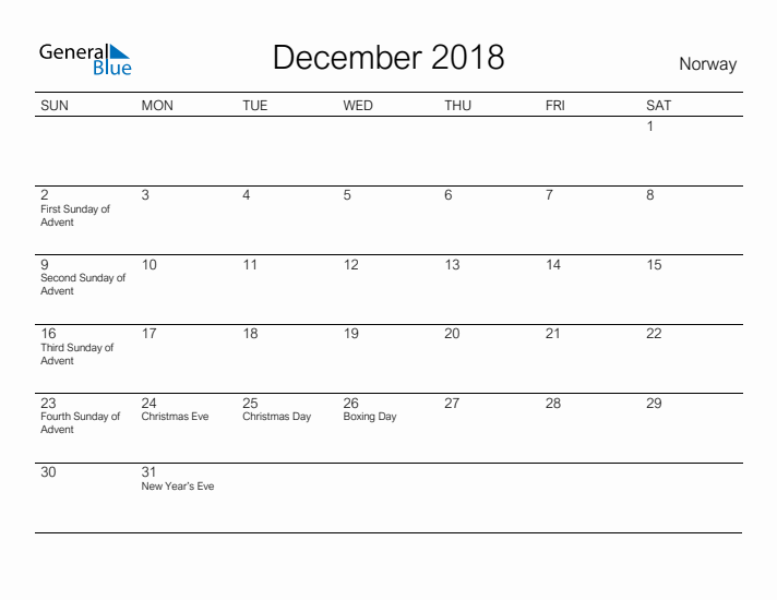 Printable December 2018 Calendar for Norway