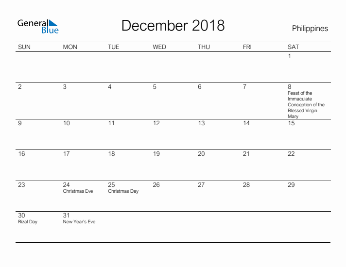 Printable December 2018 Calendar for Philippines