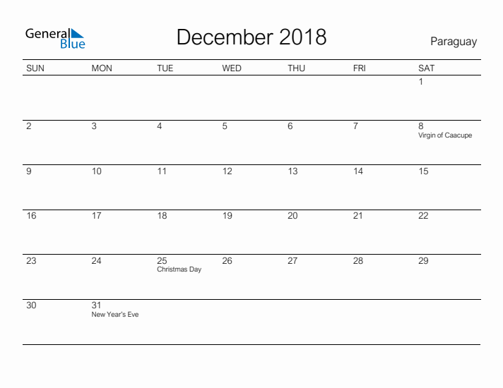 Printable December 2018 Calendar for Paraguay