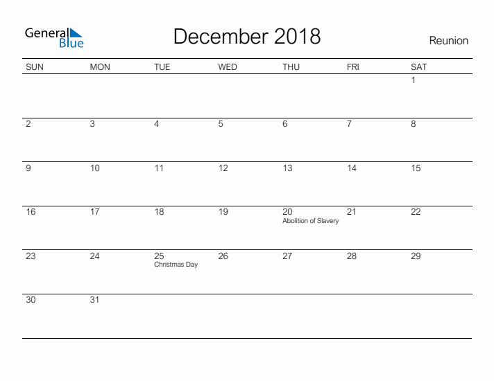 Printable December 2018 Calendar for Reunion