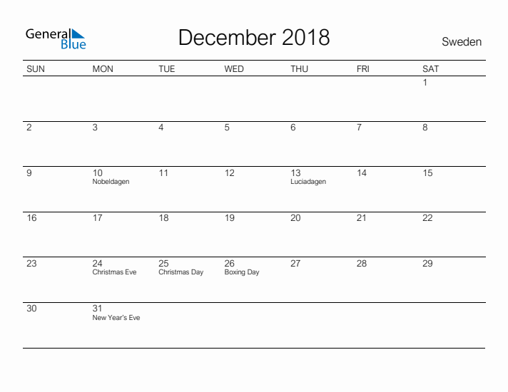 Printable December 2018 Calendar for Sweden