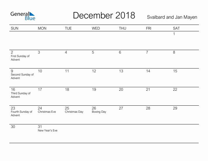 Printable December 2018 Calendar for Svalbard and Jan Mayen