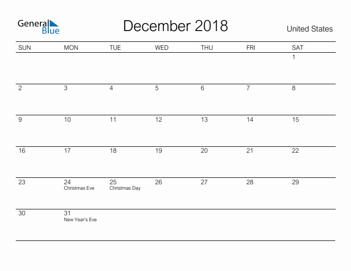 Printable December 2018 Calendar for United States