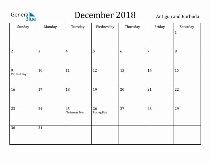 December 2018 Calendar Antigua and Barbuda