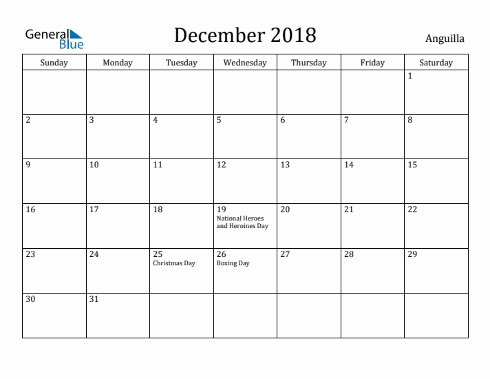 December 2018 Calendar Anguilla