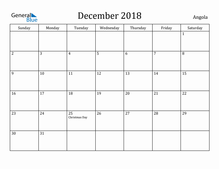 December 2018 Calendar Angola