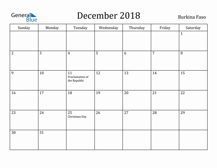 December 2018 Calendar Burkina Faso