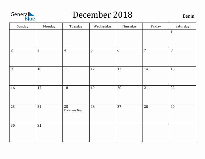 December 2018 Calendar Benin