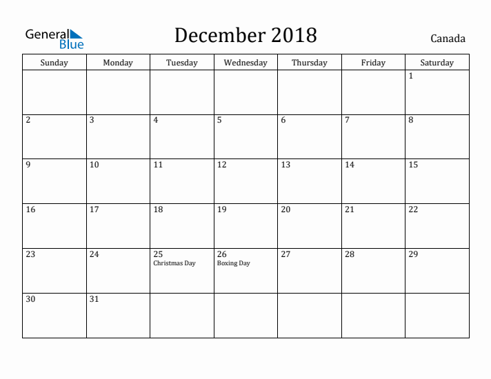 December 2018 Calendar Canada