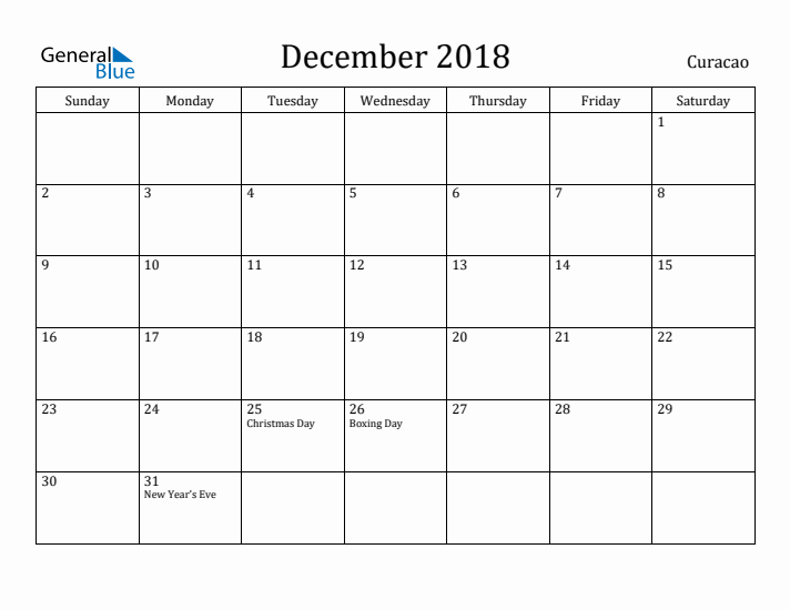 December 2018 Calendar Curacao