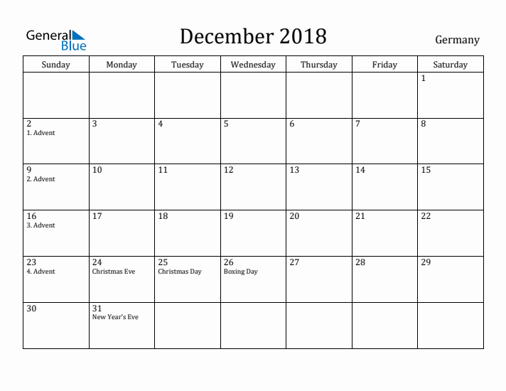 December 2018 Calendar Germany