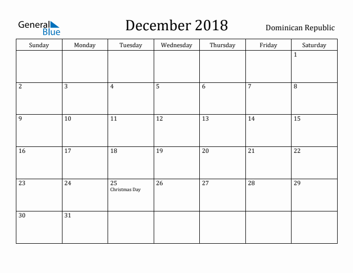 December 2018 Calendar Dominican Republic