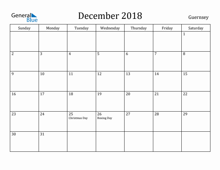 December 2018 Calendar Guernsey