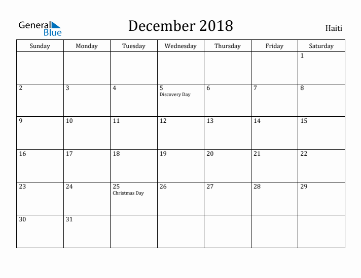 December 2018 Calendar Haiti