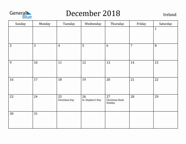 December 2018 Calendar Ireland