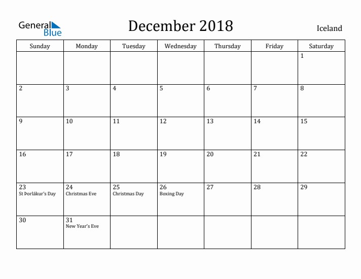 December 2018 Calendar Iceland