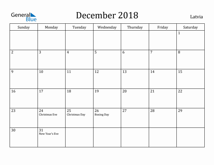 December 2018 Calendar Latvia